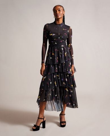 TED BAKER - Đầm xếp tầng midi cổ tròn tay dài Mirande 