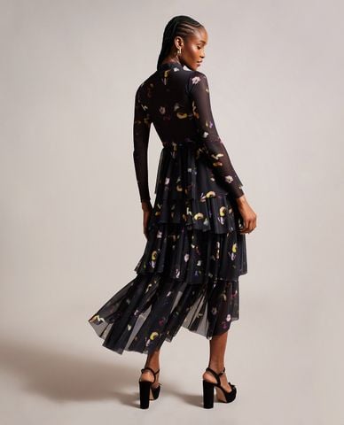  TED BAKER - Đầm xếp tầng midi cổ tròn tay dài Mirande 