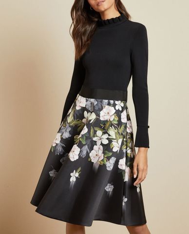  TED BAKER - Đầm xòe cổ cao tay dài họa tiết hoa Nerida 