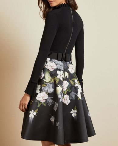  TED BAKER - Đầm xòe cổ cao tay dài họa tiết hoa Nerida 