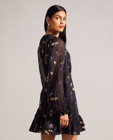  TED BAKER - Đầm xếp tầng mini cổ tròn tay dài in hoa Nikaii 