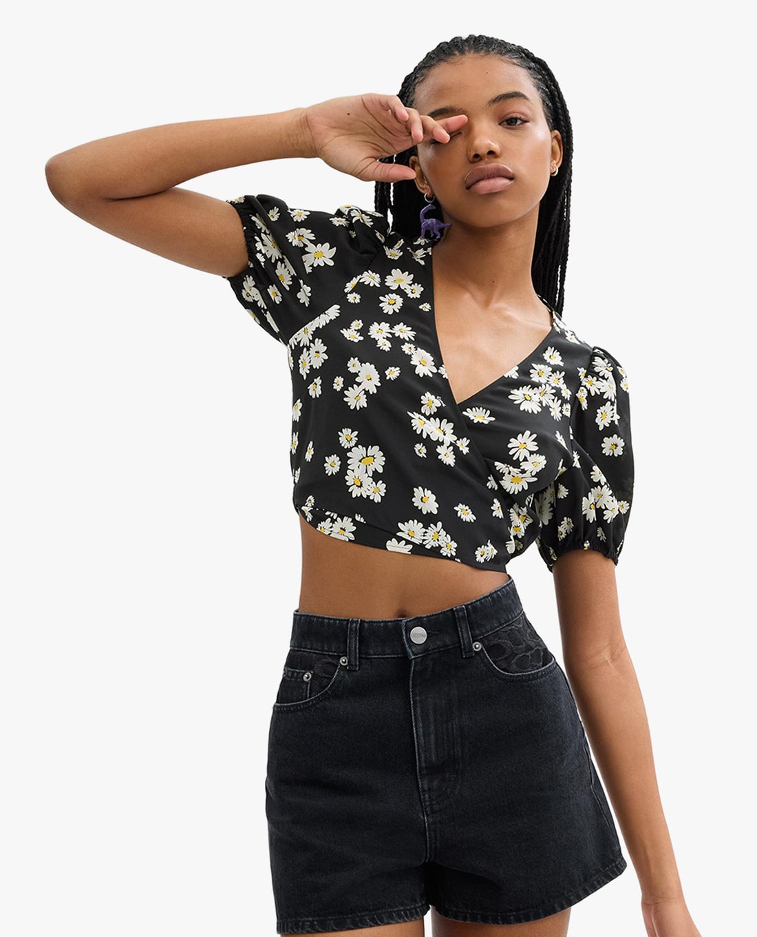 COACH - Áo croptop nữ cổ V tay phồng phối dây Floral