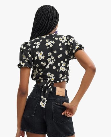  COACH - Áo croptop nữ cổ V tay phồng phối dây Floral 