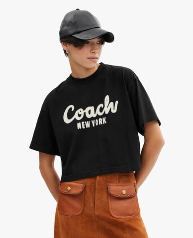  COACH - Áo croptop nữ cổ tròn tay ngắn phối logo Cursive Signature 