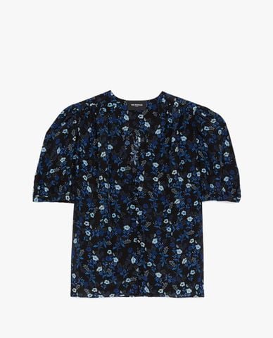  THE KOOPLES - Áo kiểu nữ cổ V tay ngắn phom suông phối hoa thời trang 