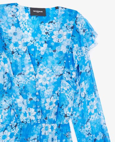  THE KOOPLES - Đầm midi cổ V tay dài Blue With Floral Print 