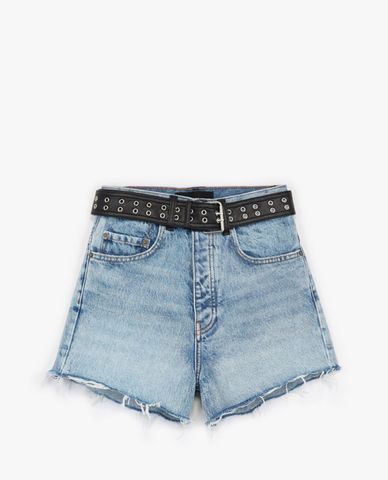  THE KOOPLES - Quần shorts nữ rách Ripped Blue Denim With Western Belt 