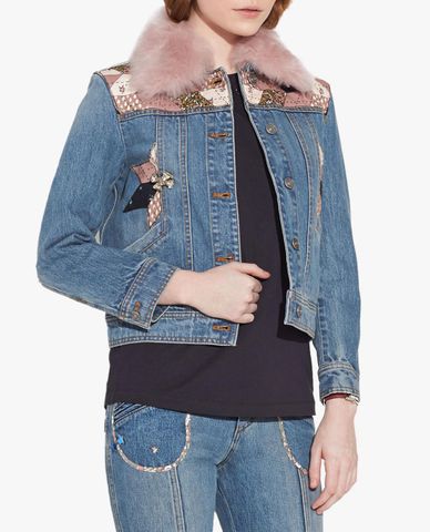  COACH - Áo khoác denim nữ phối lông Quilted Patchwork 