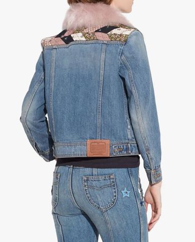  COACH - Áo khoác denim nữ phối lông Quilted Patchwork 