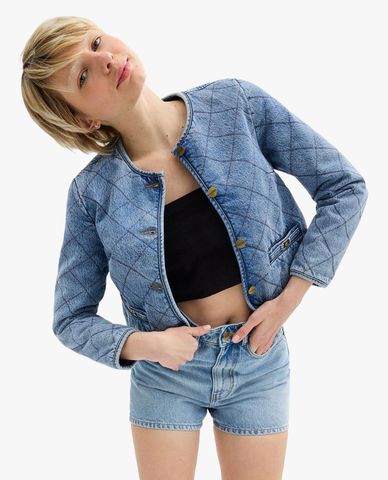  COACH - Áo khoác denim nữ cổ tròn tay dài Heritage C Quilted 