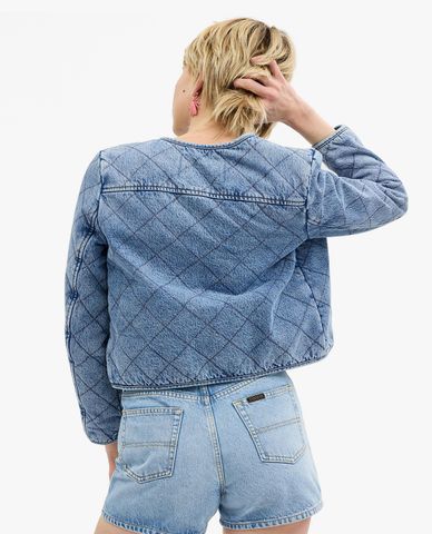  COACH - Áo khoác denim nữ cổ tròn tay dài Heritage C Quilted 