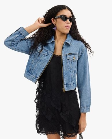  COACH - Áo khoác denim nữ croptop cổ bẻ tay dài phối zip năng động 