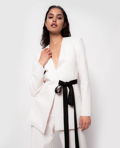  PINKO - Áo blazer nữ dáng dài phối thắt nơ Mora 