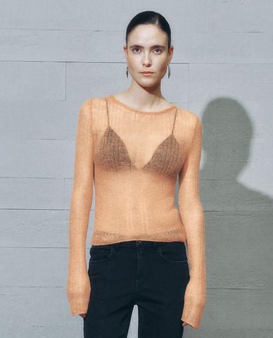  URBAN REVIVO - Áo kiểu nữ dệt kim xuyên thấu 