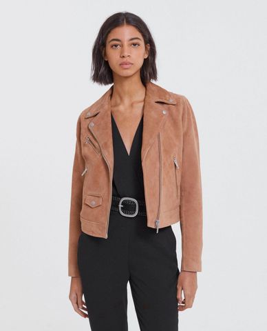  THE KOOPLES - Áo khoác da nữ phối zip dáng lửng hiện đại Biker 