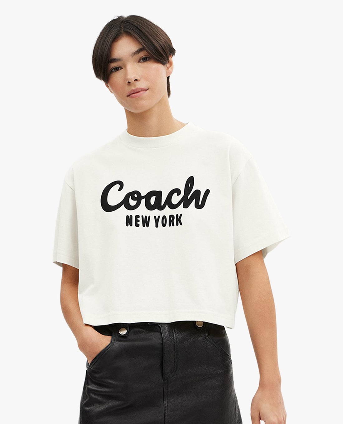 COACH - Áo croptop nữ cổ tròn tay ngắn phối logo Cursive Signature