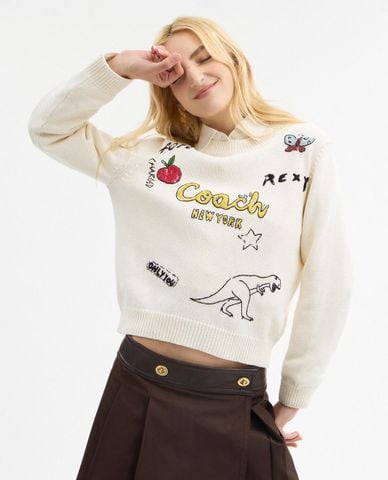  COACH - Áo sweater nữ cổ tròn tay dài Sketch Print 
