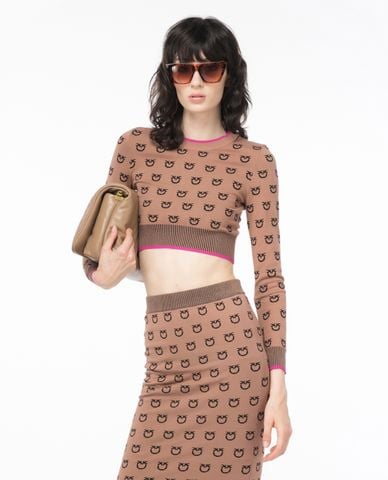  PINKO - Áo dệt kim nữ phom croptop cổ tròn tay dài Furetto 