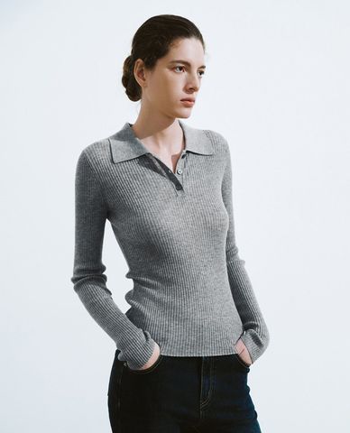  URBAN REVIVO - Áo dệt kim nữ cổ bẻ tay dài Button Half Placket 