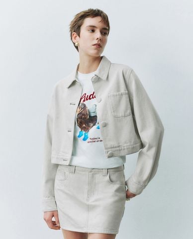  URBAN REVIVO - Áo khoác denim nữ phom croptop 