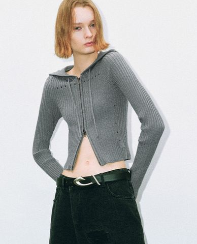  URBAN REVIVO - Áo khoác cardigan nữ phom croptop Zipper Front 
