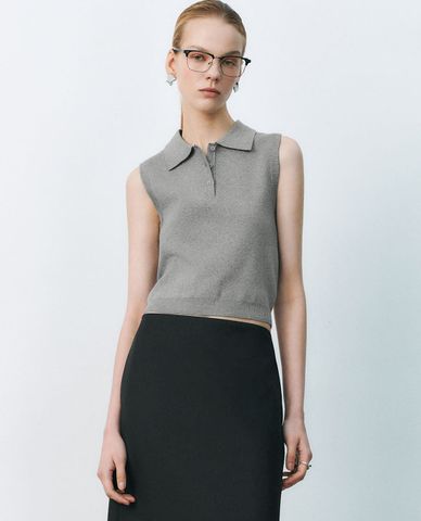  URBAN REVIVO - Áo sát nách nữ cổ bẻ dệt kim 