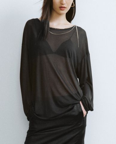  URBAN REVIVO - Áo kiểu nữ cổ tròn dài tay xuyên thấu 