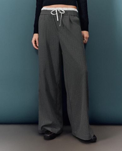  URBAN REVIVO - Quần nữ ống rộng phối dây rút cá tính 