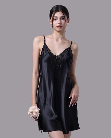  VERA - Đầm ngắn mặc nhà satin trơn phối ren 