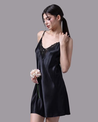  VERA - Đầm ngắn mặc nhà satin trơn phối ren 