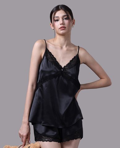  VERA - Bộ quần áo nữ ngắn mặc nhà satin trơn phối ren 