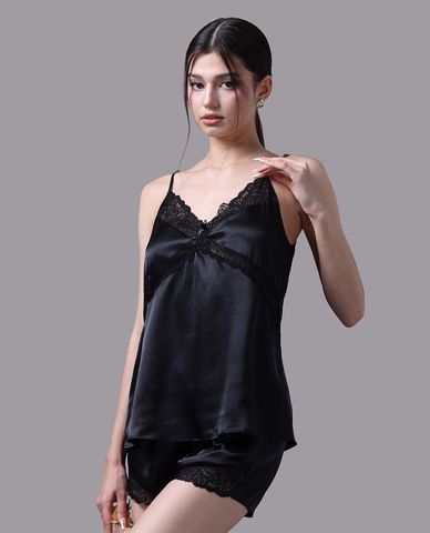  VERA - Bộ quần áo nữ ngắn mặc nhà satin trơn phối ren 