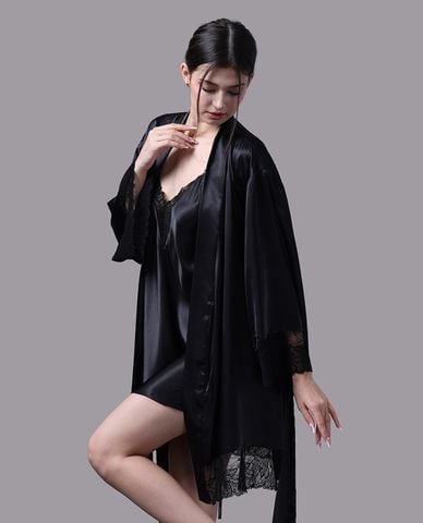  VERA - Áo khoác kimono nữ satin trơn phối ren 