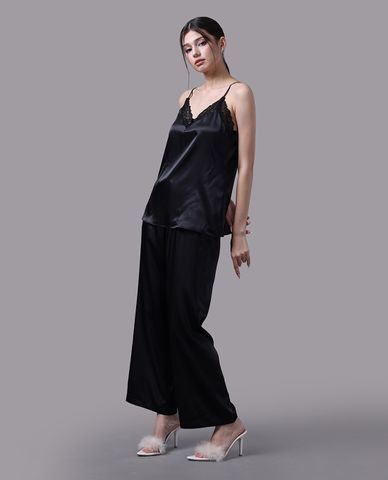  VERA - Bộ quần áo nữ dài mặc nhà satin trơn phối ren 