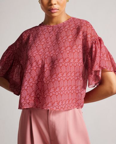  TED BAKER - Áo kiểu nữ cổ tròn tay ngắn phối bèo Mariy 