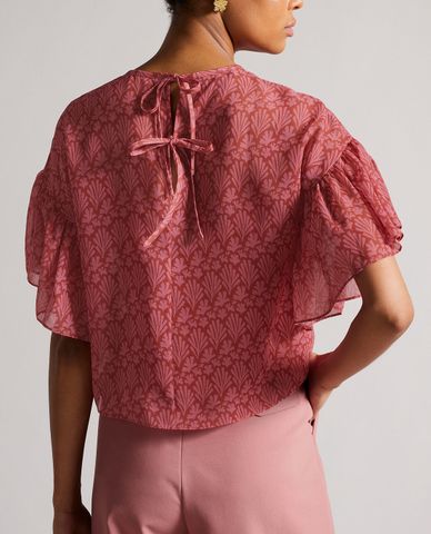  TED BAKER - Áo kiểu nữ cổ tròn tay ngắn phối bèo Mariy 