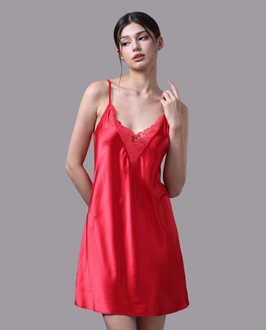  VERA - Đầm ngắn mặc nhà satin trơn phối ren 