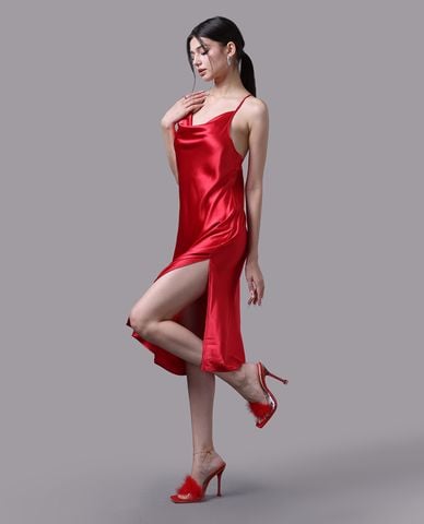  VERA - Đầm midi mặc nhà satin trơn phối ren 