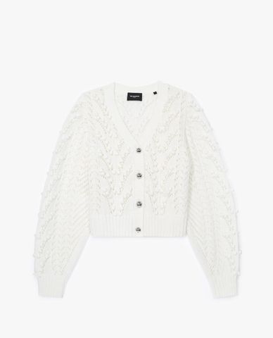  THE KOOPLES - Áo cardigan nữ tay phồng Cropped Black Cable Cotton 