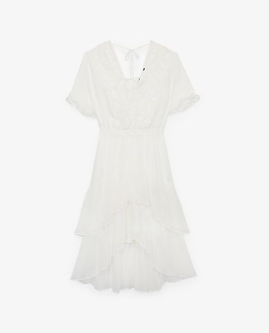  THE KOOPLES - Đầm midi cổ V xếp tầng Flowing Long Ecru 