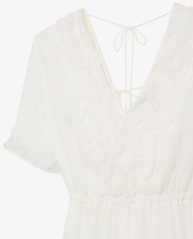  THE KOOPLES - Đầm midi cổ V xếp tầng Flowing Long Ecru 