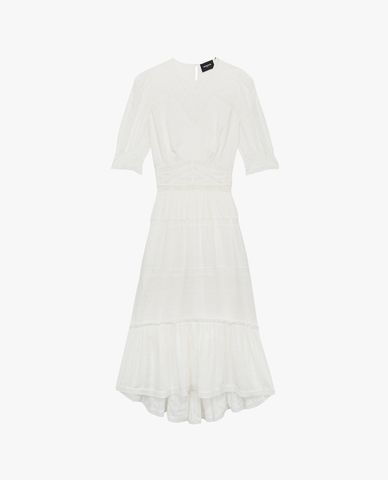 THE KOOPLES - Đầm midi cổ V tay lở White Lace 