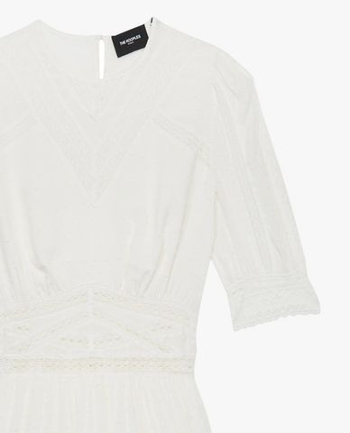  THE KOOPLES - Đầm midi cổ V tay lở White Lace 