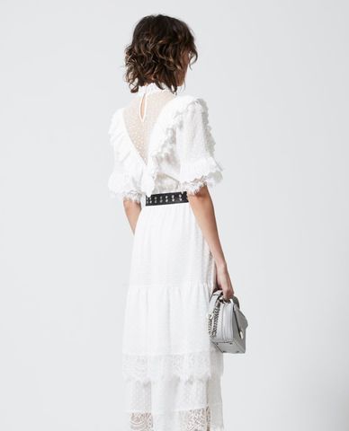  THE KOOPLES - Đầm midi cổ trụ phối ren Long Lace 