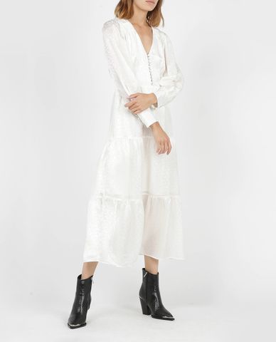  THE KOOPLES - Đầm midi cổ V tay dài White Long Satin 