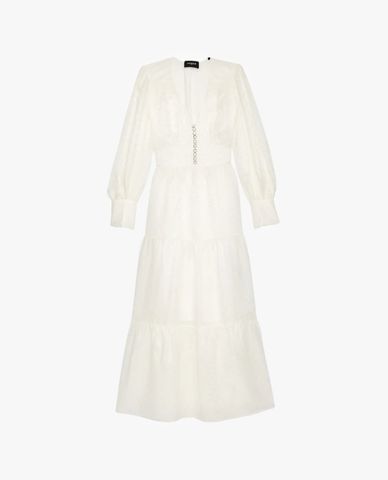  THE KOOPLES - Đầm midi cổ V tay dài White Long Satin 