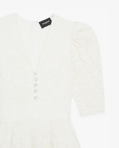  THE KOOPLES - Đầm mini cổ V vai phồng White Short Lace 