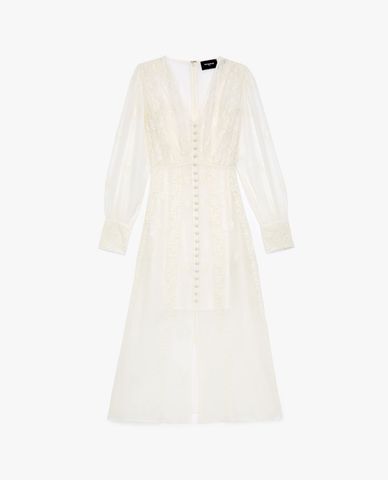  THE KOOPLES - Đầm midi cổ V tay dài White Embroidered 