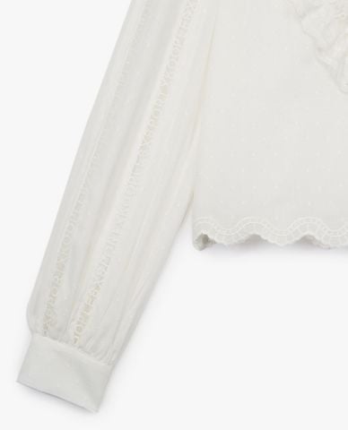  THE KOOPLES - Áo croptop nữ tay dài cổ trụ Cotton Ecru 