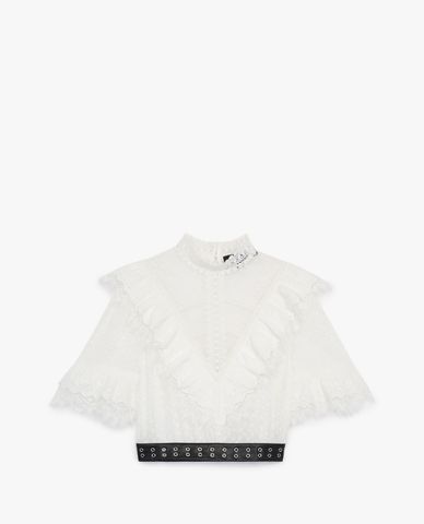  THE KOOPLES - Áo kiểu nữ cổ trụ phối bèo Ecru Embroidered 